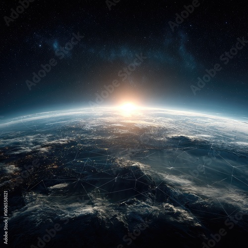 Fototapeta Naklejka Na Ścianę i Meble -  Earth seen from space, sunrise, network
