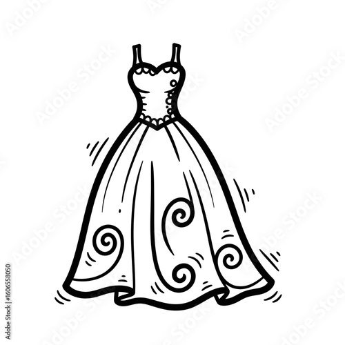 Elegant wedding dress sketch with swirling patterns and details  