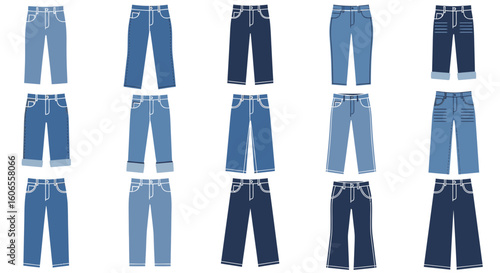 Variety of denim jeans in different styles and shades of blue  
