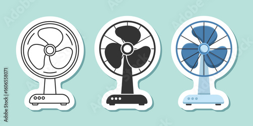 Electric fan sticker icon set collection in flat style. Propeller vector illustration on isolated background. Cooler sign business concept.