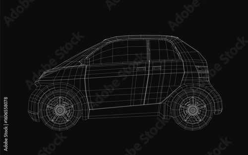 A small car wireframe model displays intricate 3D details on a sleek black background. The transparent mesh structure highlights the vehicle's design and contours.