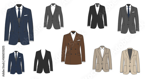 Various men's suits in different styles and colors arranged neatly  