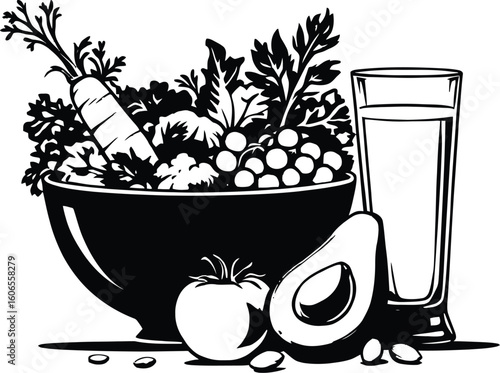 A black and white illustration of a bowl of salad with juice and avocado and a tomato next to it
