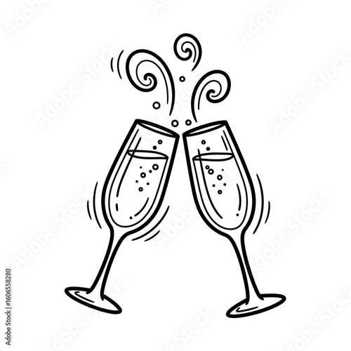 Champagne glasses clinking with bubbles and swirling effects  