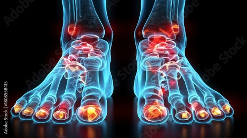 Illuminated feet show inflamed joints, toes in a medical depiction