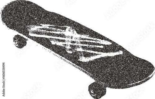 Skateboard vintage y2k stipple art, wheel halftone stipple brutalist retro vector png with transparent background, deck 2000s aesthetic photocopy effect tattoo