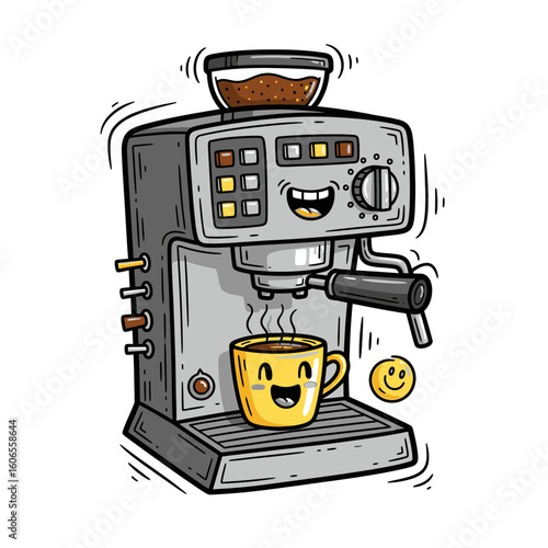 Cartoon coffee machine brewing coffee with cheerful yellow mug  