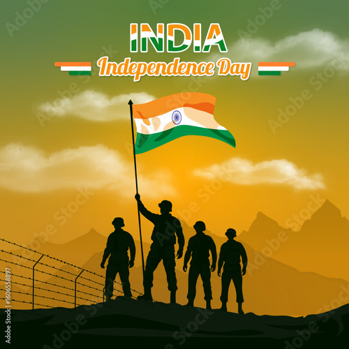 15th August happy independence day India. Indian Army soldiers with Indian flag. vector illustration design