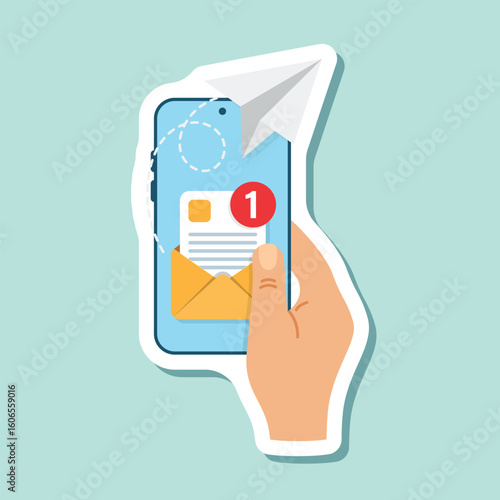 Send email from smartphone in hand sticker icon in flat style. Paper plane vector illustration on isolated background. Message transfer sign business concept.
