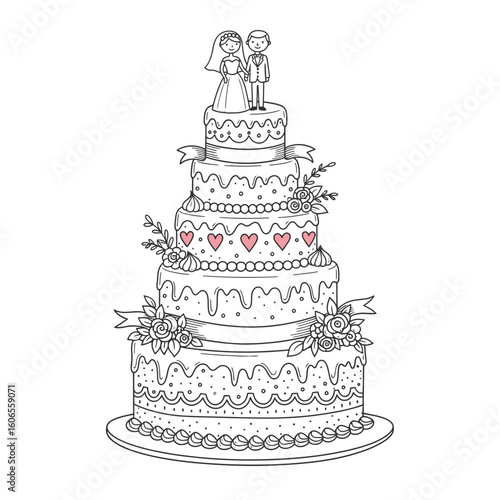 Wedding cake with couple figurines and floral decorations  