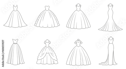 Outline of various wedding dress designs in minimalist style  