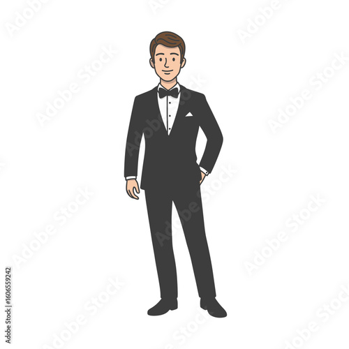 Young man in tuxedo standing confidently on white background  