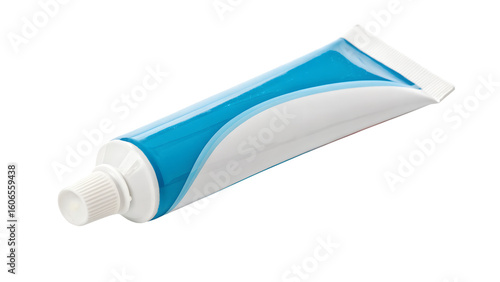 A white and blue toothpaste tube with a white cap isolated on transparent background