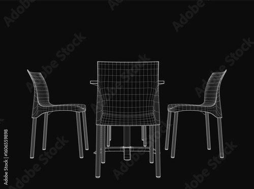 A 3D model of a chair and table on a black background, featuring realistic rendering and detailed wireframe structure. The chair has a sleek modern design.
