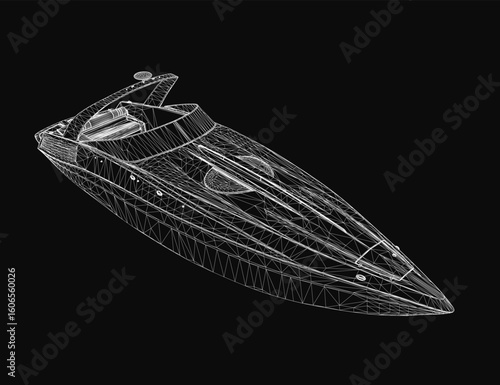 A sleek speedboat wireframe illustration in black and white, showcasing detailed contours and dynamic curves on a dark background. The minimalist design highlights precision and movement.