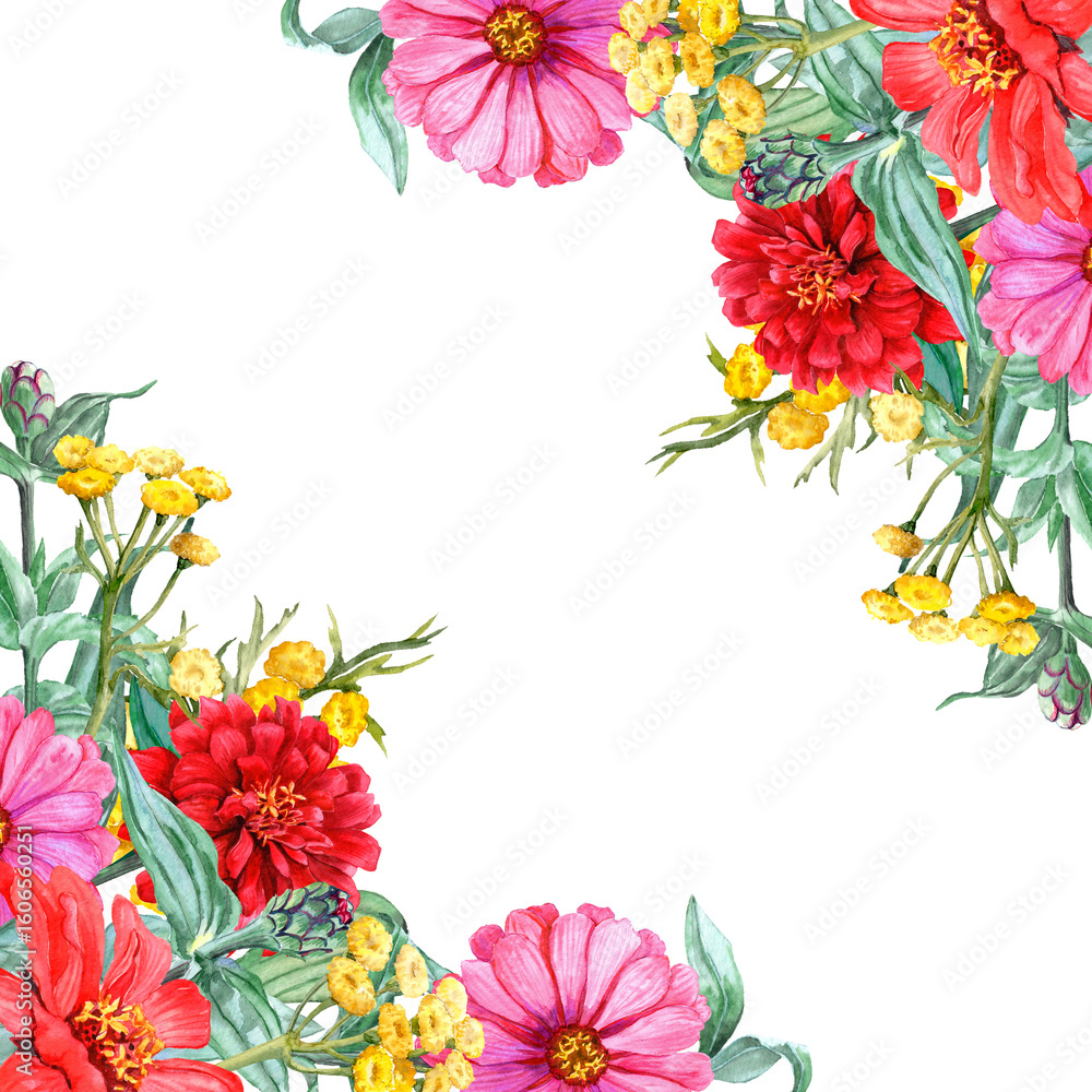 Fototapeta premium bright red-yellow flower corners for greeting cards in watercolor