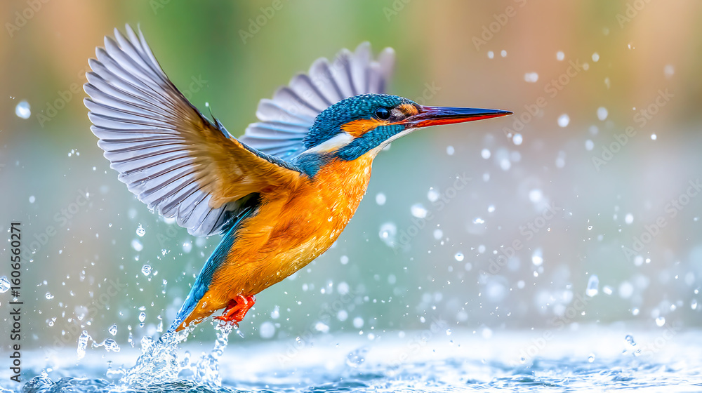 Obraz premium Vibrant Kingfisher in Flight Above Water Splashing and Displaying Colorful Plumage and Wing Spread in Natural Habitat