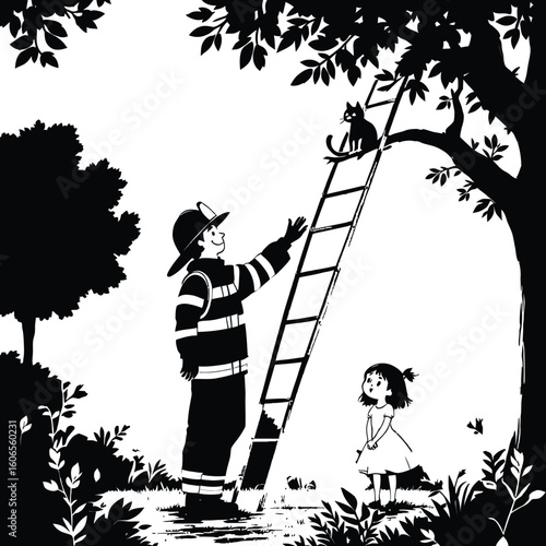 Firefighter rescues cat from tree with ladder as girl watches in black and white illustration style