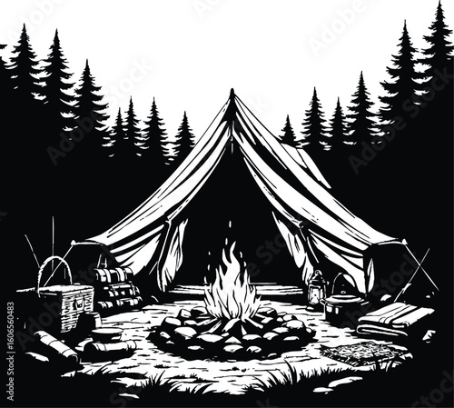 A monochrome illustration of a campsite with a tent campfire and surrounding trees in a forest