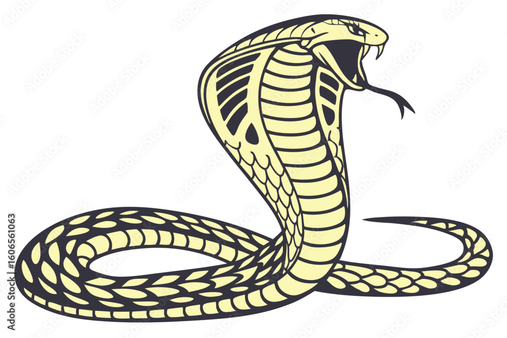 Fototapeta premium Stylized Cobra Ready to Strike a Dangerous Stance Featuring Pale Yellow Patterned Scales and Open Mouth Showing Fangs