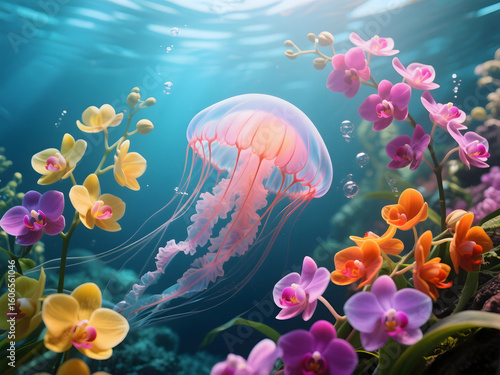 Fototapeta Naklejka Na Ścianę i Meble -  Graceful pink jellyfish floating underwater surrounded by blooming tropical orchids in vibrant coral reef setting