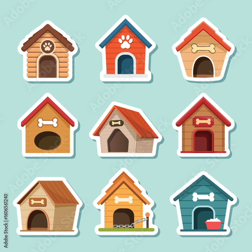Dog house sticker icon set collection in flat style. Pet home vector illustration on isolated background. Animal shelter sign business concept.