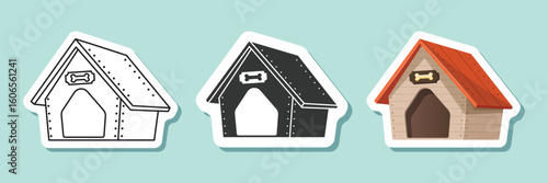 Dog house sticker icon set collection in flat style. Pet home vector illustration on isolated background. Animal shelter sign business concept.