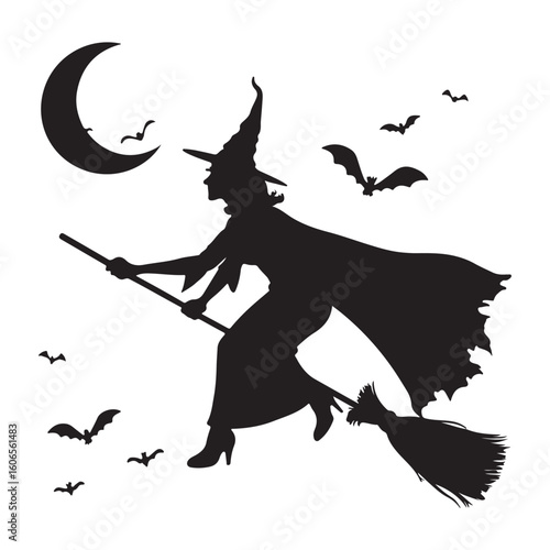 Silhouette of a witch flying on a broomstick against a crescent moon and dark sky with bats