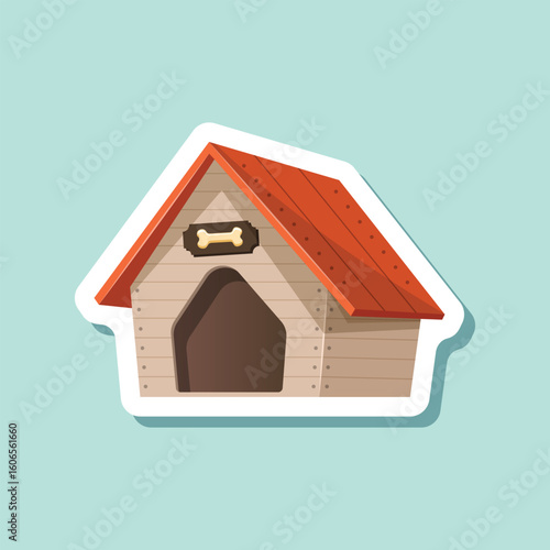 Dog house sticker icon in flat style. Pet home vector illustration on isolated background. Animal shelter sign business concept.