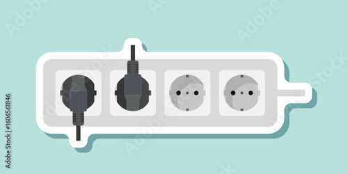 Electric socket sticker icon in flat style. Connection and disconnection vector illustration on isolated background. Wire adapter sign business concept.