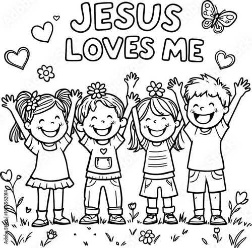 Happy children with arms raised under the words jesus loves me in a black and white illustration