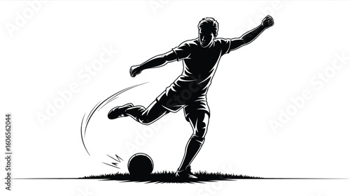Soccer player kicking ball illustration in black and white design