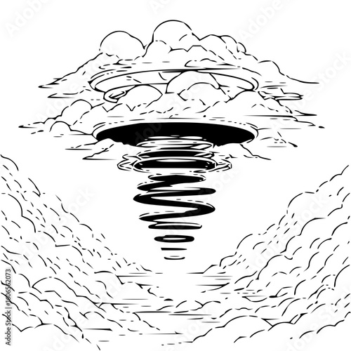 Illustration of a tornado descending from a cloud formation above a body of water surrounded by clouds