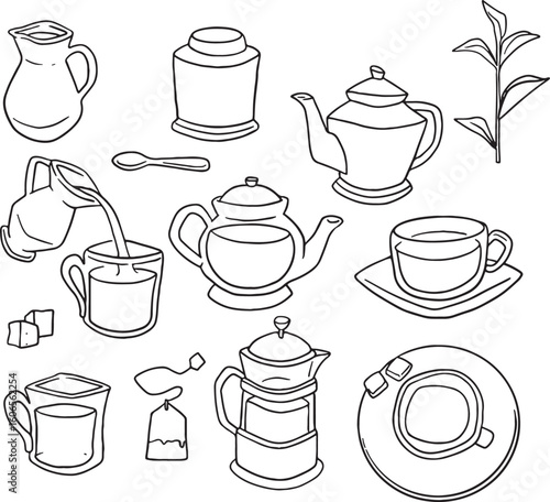 A charming set of hand-drawn vector illustrations featuring various tea-related items, including teapots, cups, mugs, milk jug, sugar cubes, and tea leaves. Perfect for cafes, tea shops, and beverage.