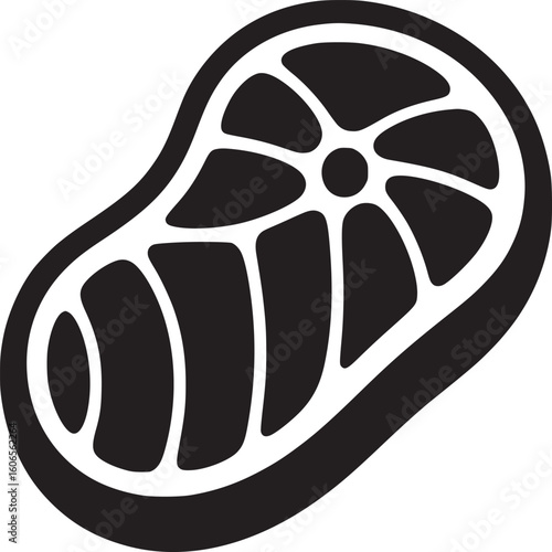 A black and white graphic illustration of a steak cut with visible marbling on a white background