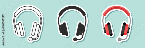Headset sticker icon set collection in flat style. Earphone vector illustration on isolated background. Headphone sign business concept.