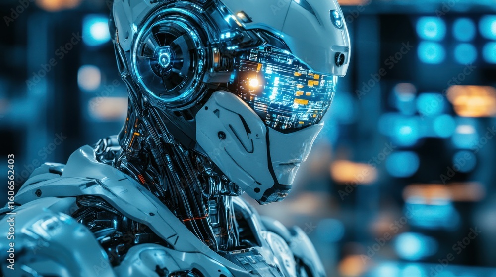 Fototapeta premium Futuristic robot head in a workshop