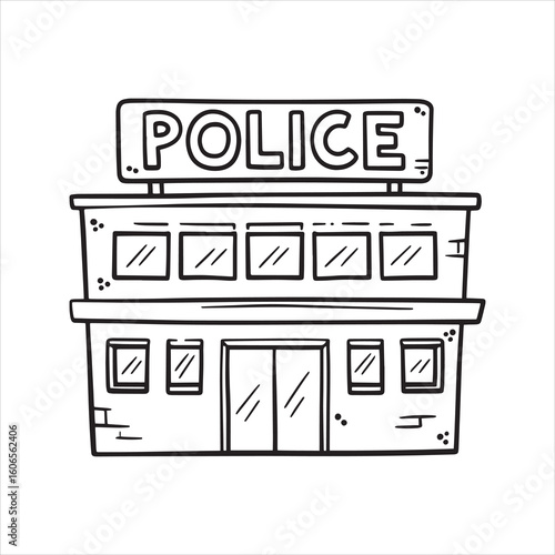 Police station cartoon illustration, hand-drawn doodle style. Black and white outline of a law enforcement building, perfect for coloring books or icons.
