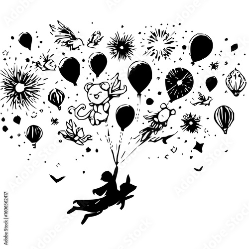 Silhouette of child and dog flying with balloons among winged creatures and starbursts in black and white