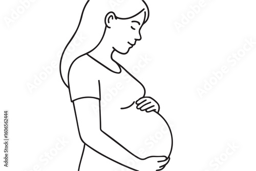 Vector artwork in black and white shows a woman during pregnancy, outlined in black, representing maternal love, growth, and the emotional depth of becoming a mother.

