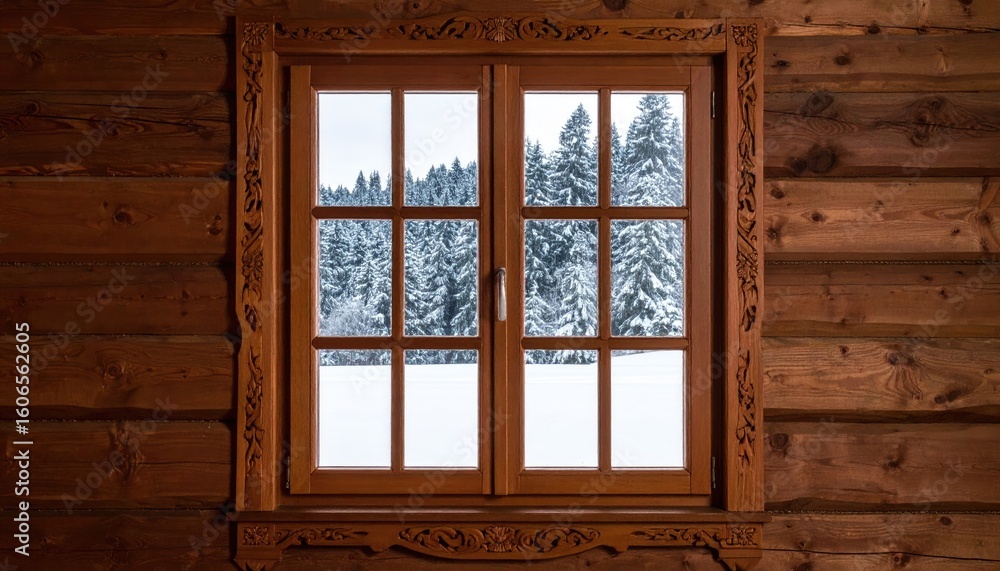 Fototapeta premium Wooden window with winter landscape
