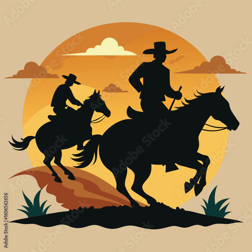 A striking silhouette of a cowboy riding a horse against a vibrant sunset in the desert, a true western illustration