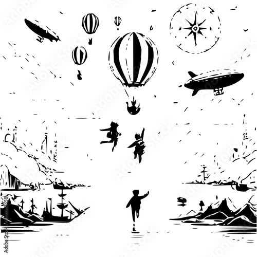 Illustration of a whimsical scene with airships balloons and people in a fantasy landscape view