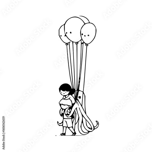 Girl piggybacking a child while holding balloons with faces in black and white line drawing style art