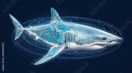 Digital representation of shark, showcasing intricate details and network of lines that suggest movement and tracking. image conveys sense of technology and marine life, emphasizing beauty