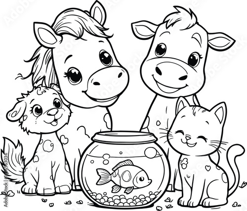 A cute horse cow dog and cat surrounding a fishbowl with a goldfish in a black and white line art