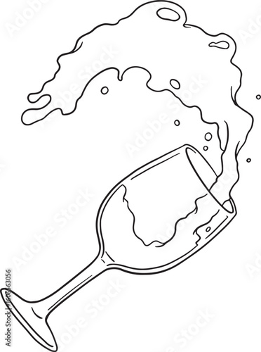 A dynamic hand-drawn vector illustration of a wine glass spilling liquid, capturing motion and splash. Perfect for bars, restaurants, event invitations, or designs related to parties and celebrations.