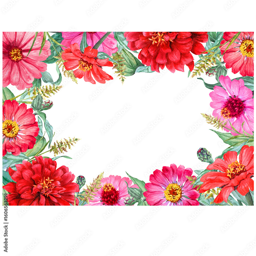 Rectangular frame with Zinnia red and pink flowers all around Rectangular frame with Zinnia red and pink flowers all around