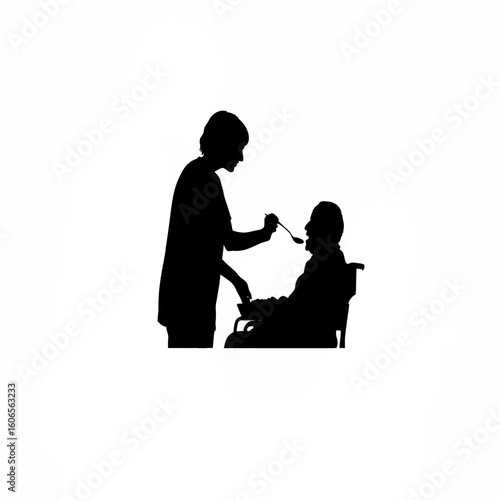 Silhouette of person spoon-feeding elderly person on white background