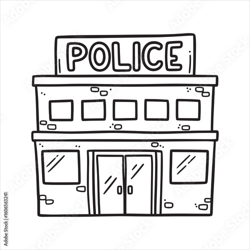 Police station cartoon illustration, hand-drawn doodle style. Black and white outline of a law enforcement building, perfect for coloring books or icons.
